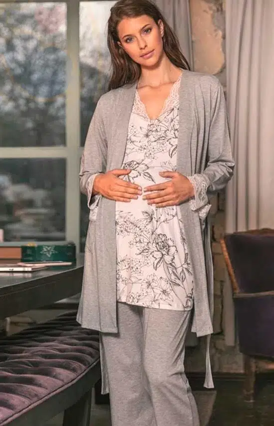 Anıl 5543 Gri Pembe Dantel Detaylı Hamile Lohusa 3 Lü Pijama Sabahlık Takımı