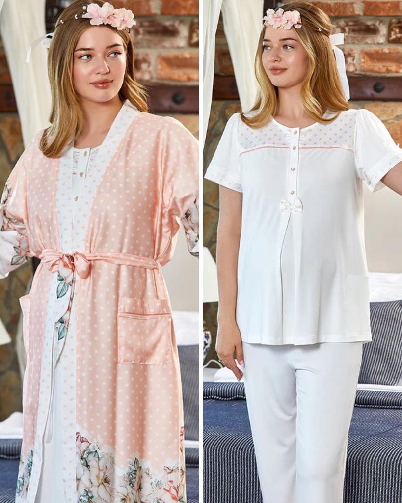 Cossy By Aqua 23171-23172 Pudra Hamile Lohusa 3 Lü Pijama Sabahlık Takımı Cossy By Aqua 23171-23172 Pudra Hamile Lohusa 3 Lü Pijama Sabahlık Takımı