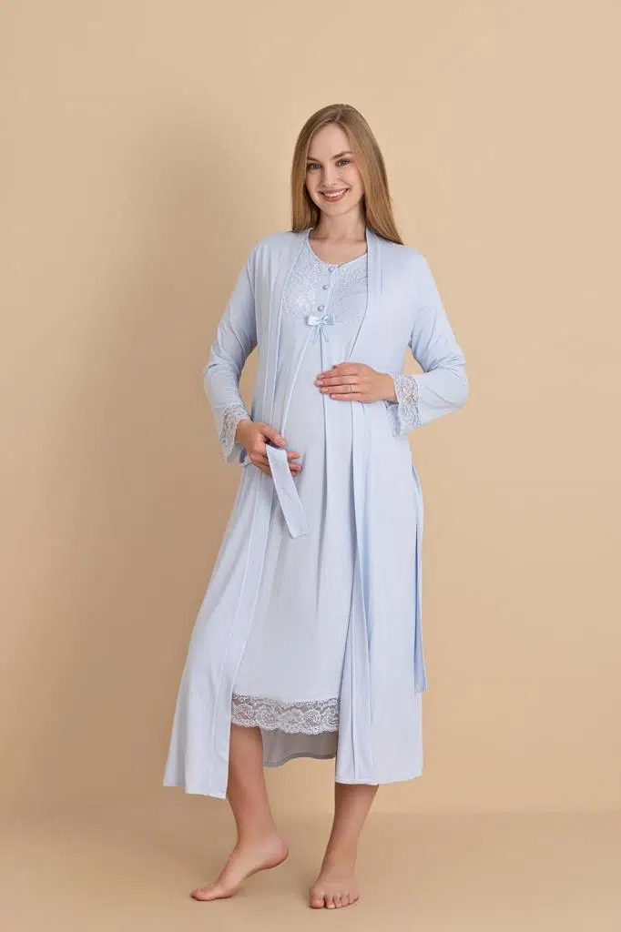 Duchesse 2601 Mavi Dantel Kol Hamile Lohusa Gecelik Sabahlık Tk