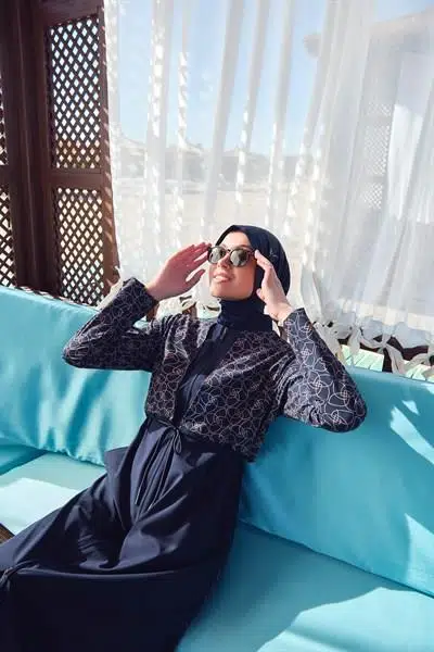 HAŞEMA ELİSA KORDON DETAYLI JİLELİ LACİVERT TAM TESETTÜR MAYO