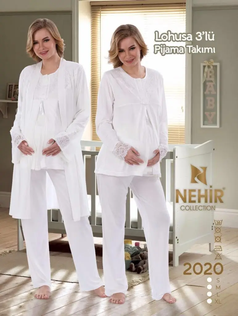 NEHİR 2020 Hamile Lohusa Pijama Sabahlık 3Lü Takım