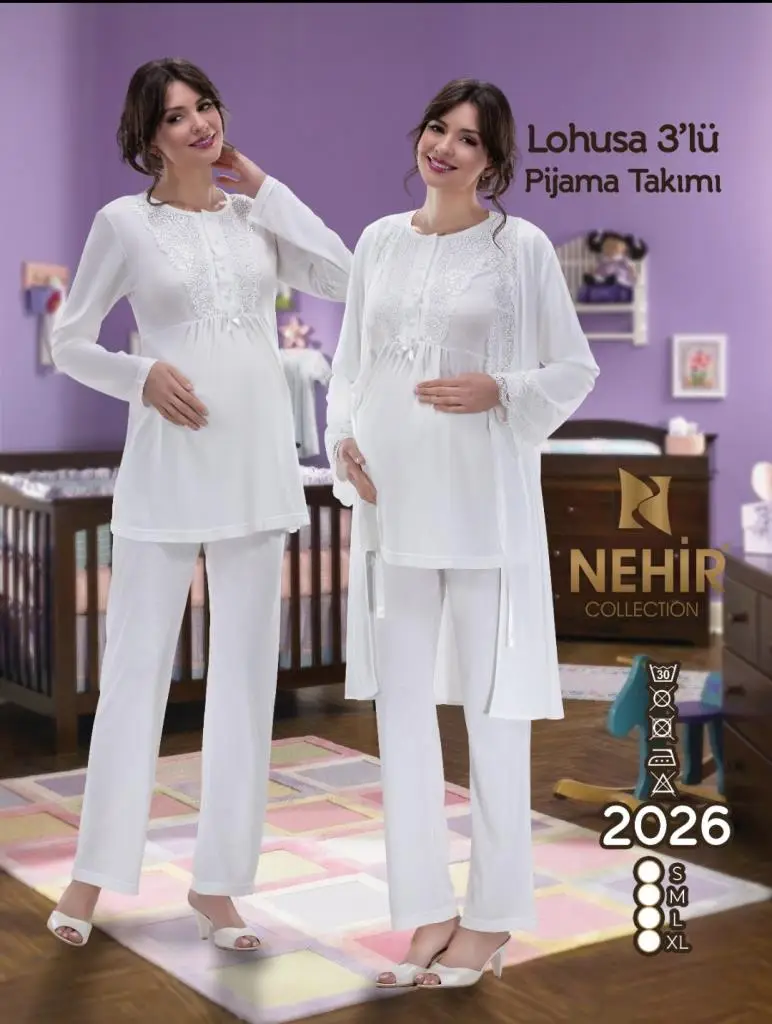 NEHİR 2026 Ecru Hamile Lohusa 3 Lü Pijama Sabahlık TK