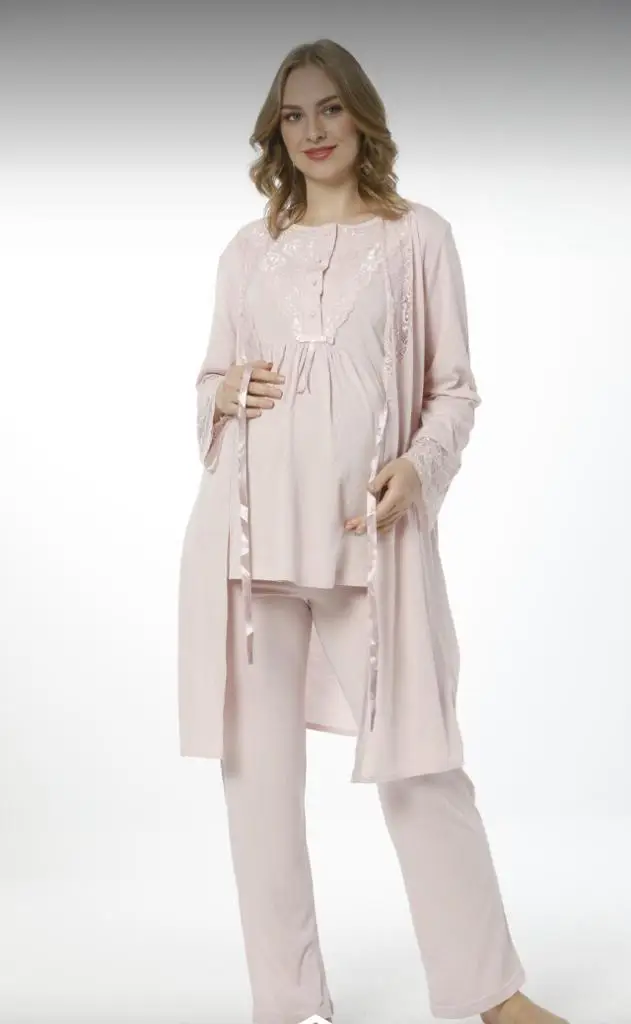NEHİR 2026 PUDRA Hamile Lohusa 3 Lü Pijama Sabahlık TK