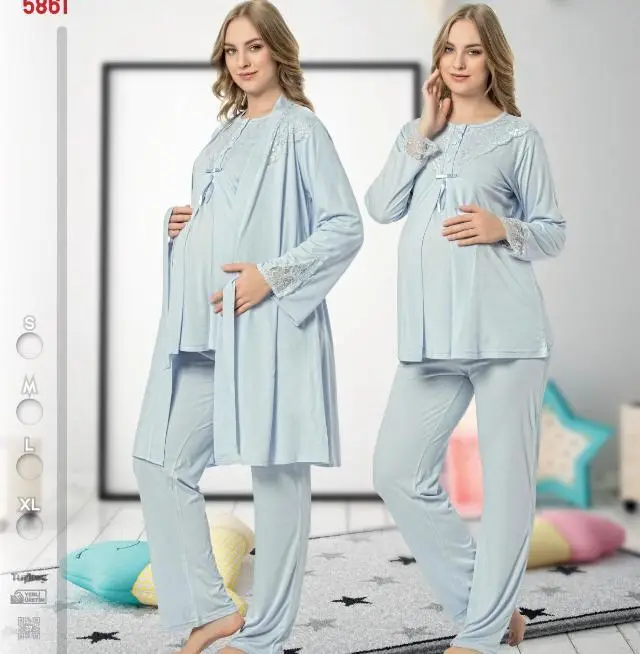 NEHİR 2026 MAVİ Hamile Lohusa 3 Lü Pijama Sabahlık TK