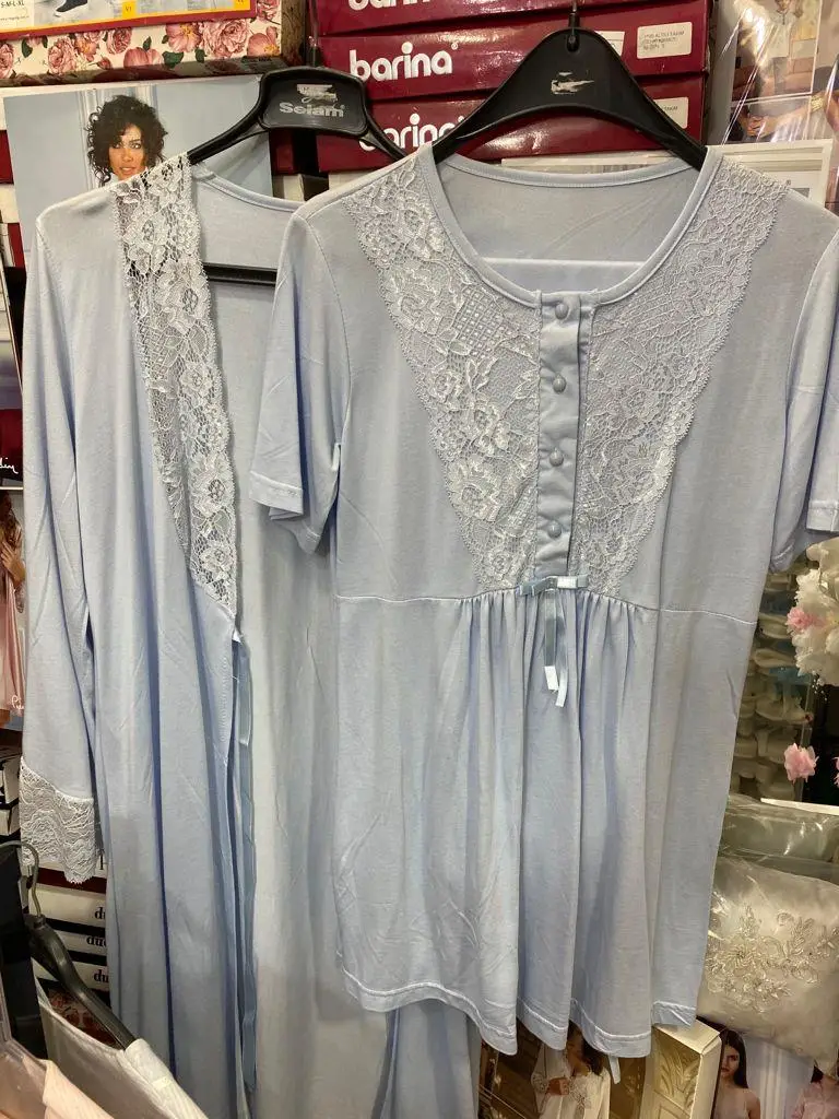 NEHİR 2036 Mavi Hamile Lohusa 3Lü Pijama Sabahlık Takım