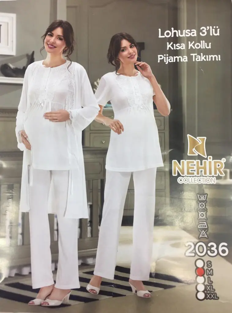 NEHİR 2036 Ecru Hamile Lohusa 3Lü Pijama Sabahlık Takım