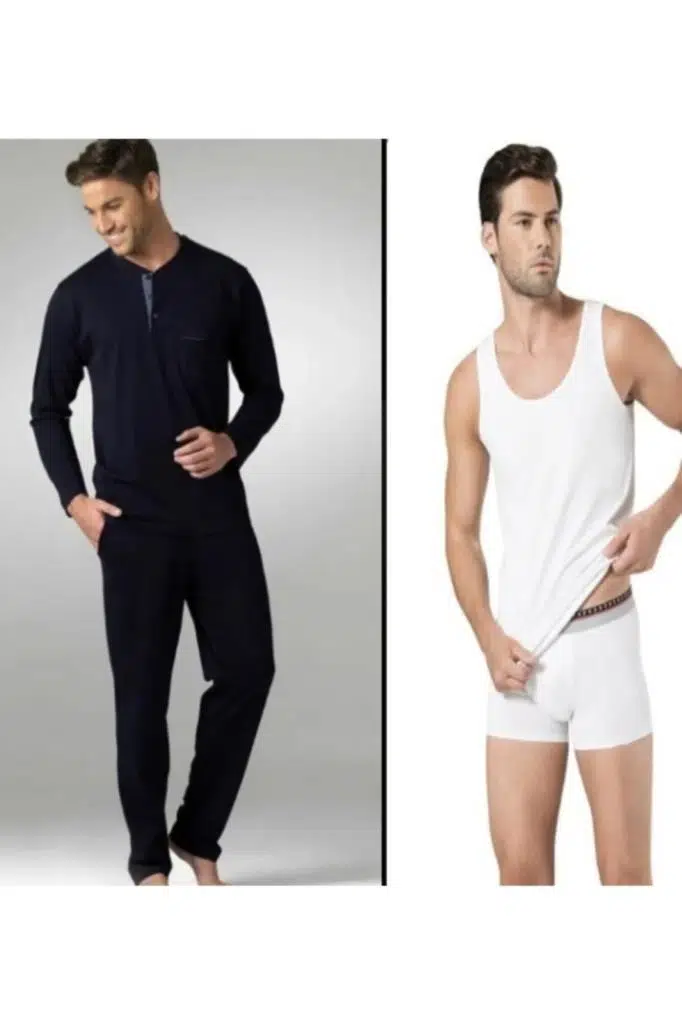 PİERRE CARDİN 5454 Lacivert Penye Uzun Kol Pijama Atlet Boxer Çeyiz Pijama Takımı